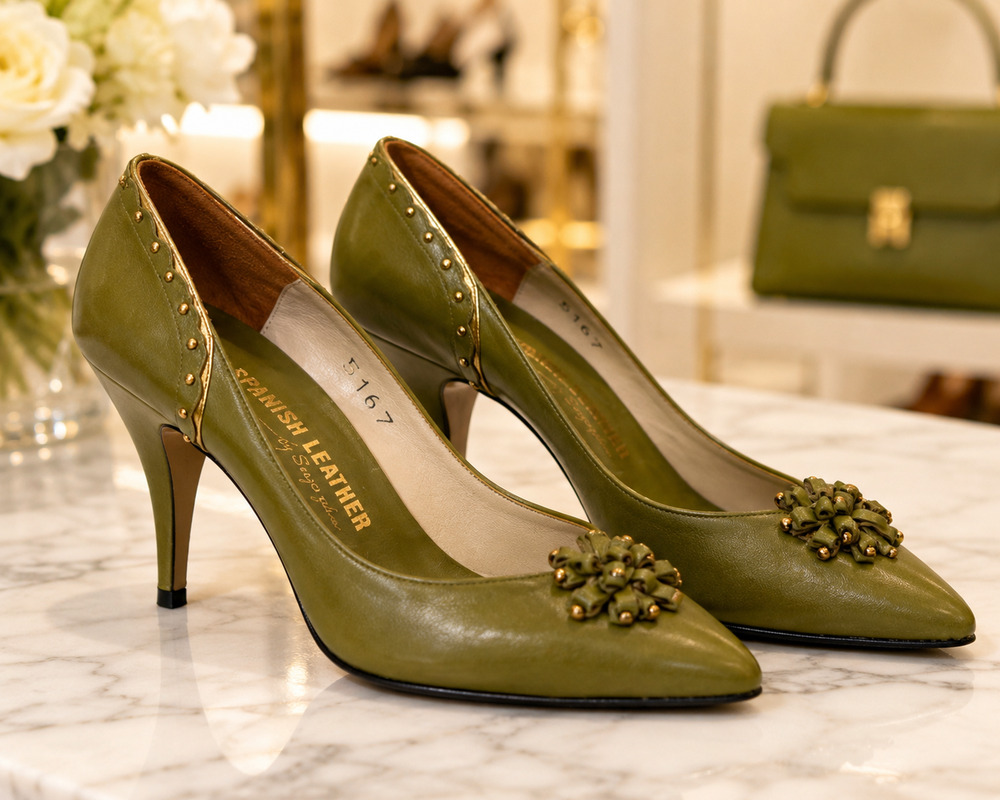 Spanish Leather Sergio Zelcer Olive Green Pumps Heels 8.5M Leather Made in Spain